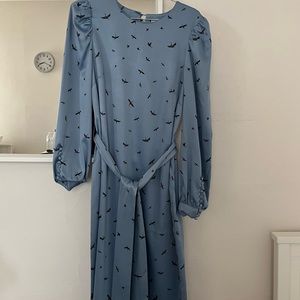 H&M blue satin dress with bird prints. Comes with belt and beaded sleeves